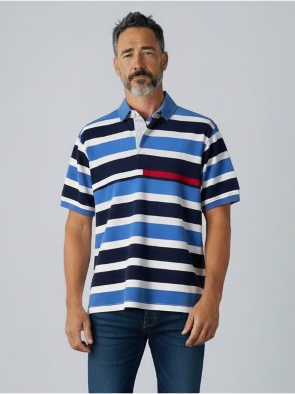 Tommy Hilfiger Men's Blue White Navy Striped Short Sleeve Polo Shirt Large NWT